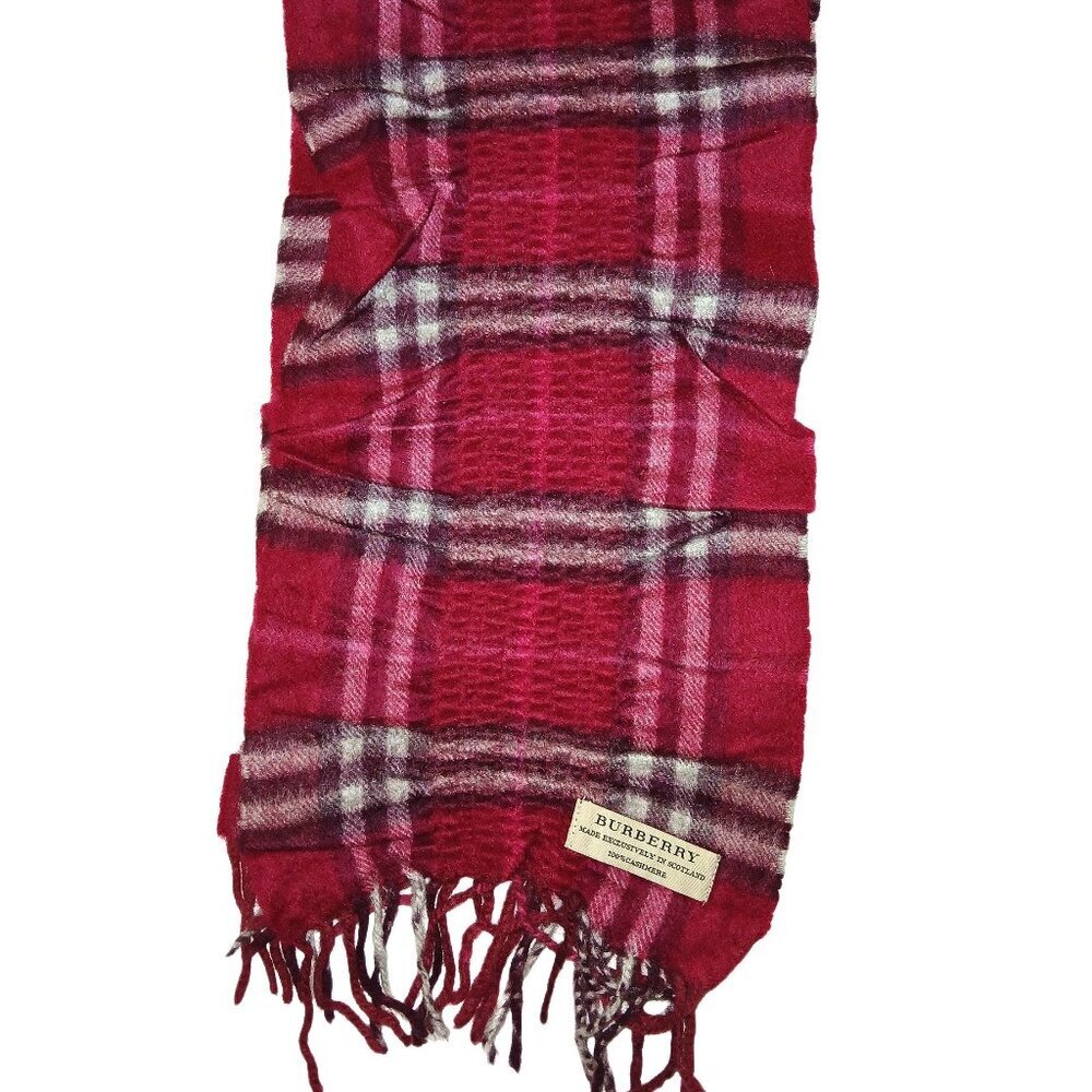 Burberry Ladies Vintage Dark Pink Fringed Ruched Luxury Plaid Fall Winter Scarf - Picture 3 of 4